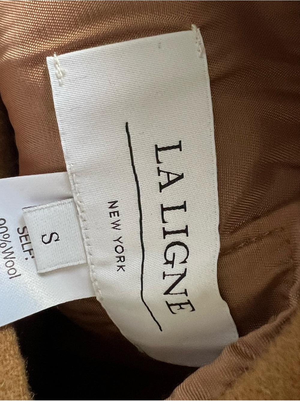 La Ligne Camel and Dark Navy  Striped Hooded Belted Wrap Coat Reversible  size S - Picture 6 of 11
